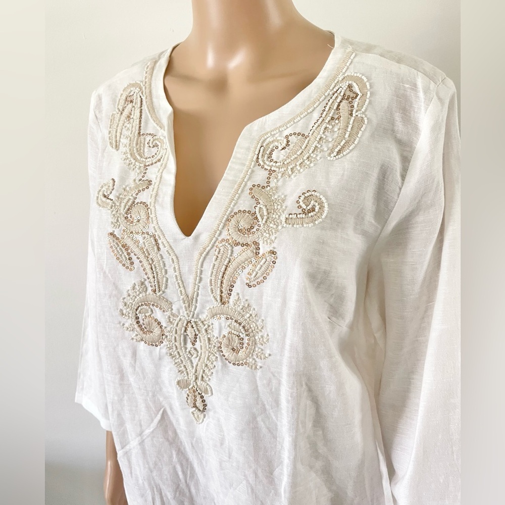 Saint Tropez 100% Linen Shirt Womens Size L Beach Resort Coastal Embroidered - Picture 2 of 7